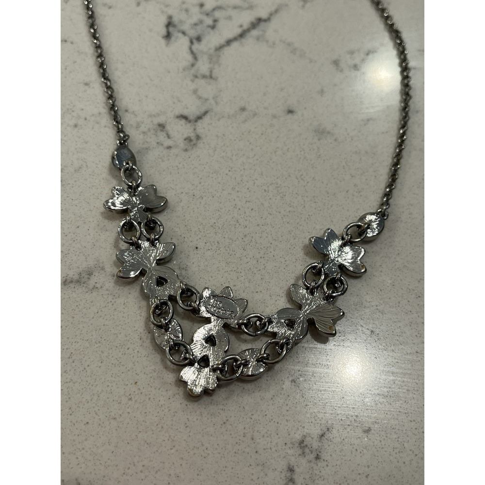 Lia Sophia Silver Floral Statement Necklace White Enamel Crystals Adjustable - Picture 5 of 7